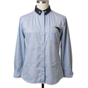 Finley Women's SMALL Striped Button Down Shirt Blue Polka Dot Collar - CJ